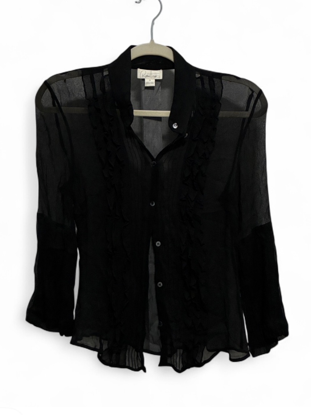 Vintage Sheer Black Ruffle-Trim Button-Up Long Sleeve Blouse